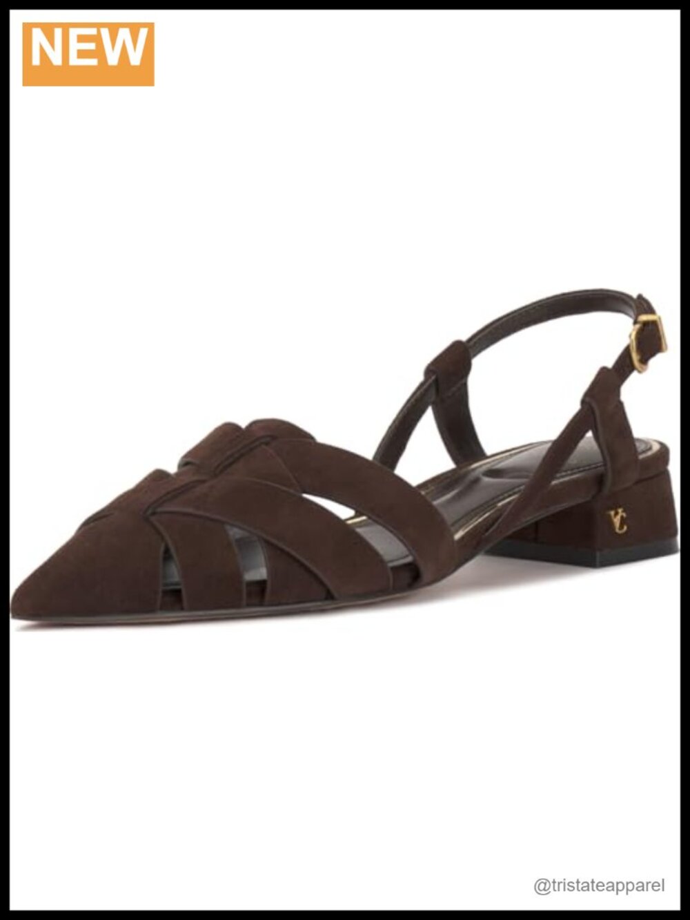 Vince Camuto Vinesha Suede Heeled Sandal with Pointed Toe and Buckle Closure